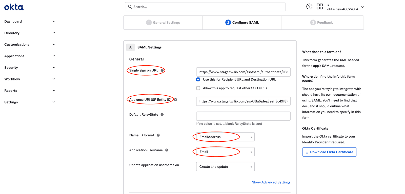 Okta settings showing response and assertion signature as signed, and assertion encryption as unencrypted.