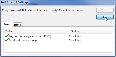 Test account settings completed successfully with close button highlighted.