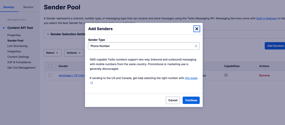 Twilio interface showing 'Add Senders' dialog with options for sender type and phone number.