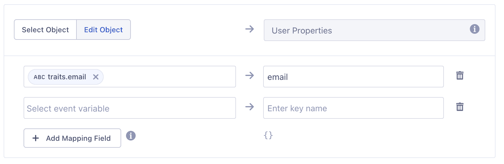 Mapping traits.email from Segment to Mixpanel's email field.