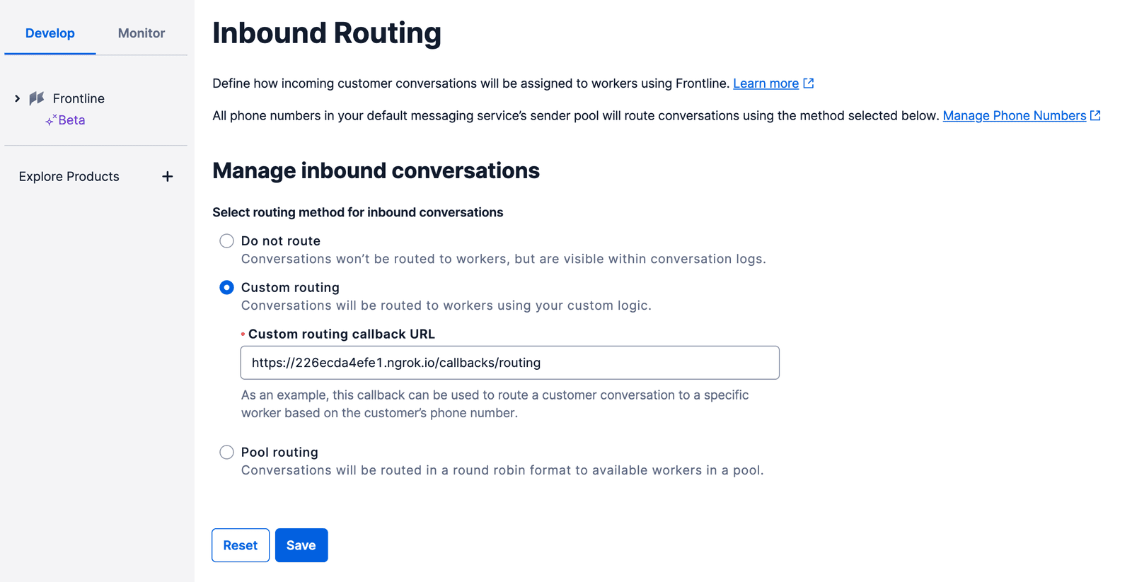 Inbound routing settings with options for do not route, custom routing, and pool routing with a default pool.