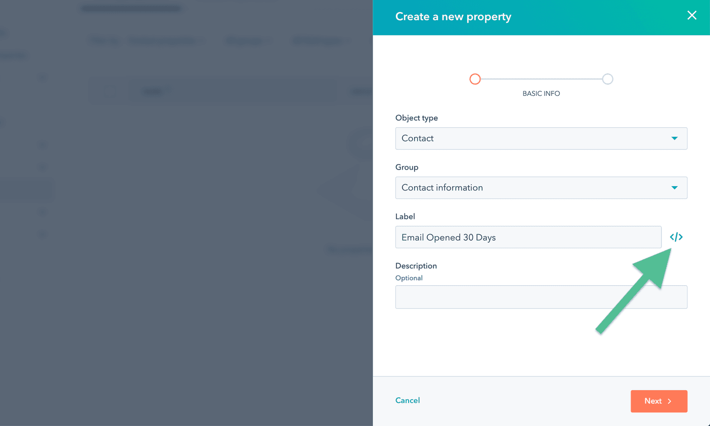 Final step in HubSpot property setup with field type set to Single checkbox for 'Email Opened 30 Days'.