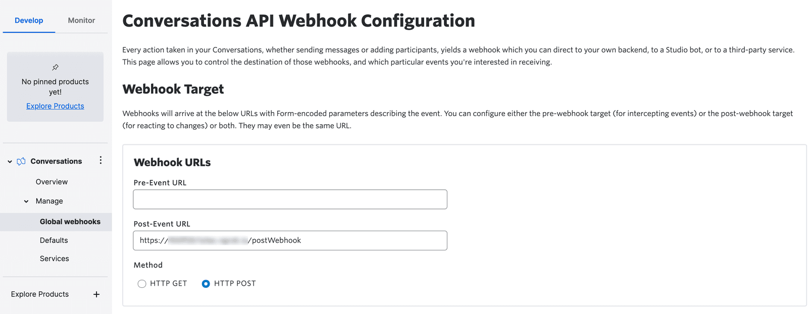 Twilio Console showing webhook configuration with pre-event and post-event URL fields.