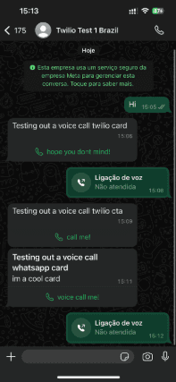 WhatsApp chat showing voice call attempts and messages with Twilio Test 1 Brazil.