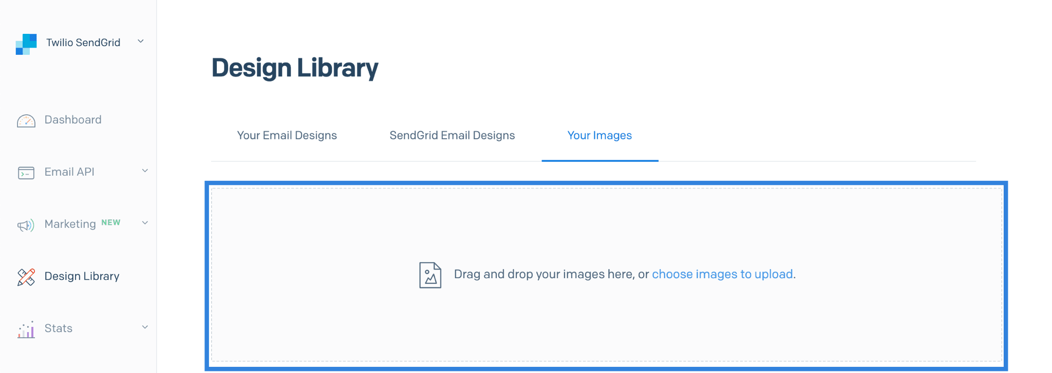 Drag and drop images or choose images to upload in the Design Library.