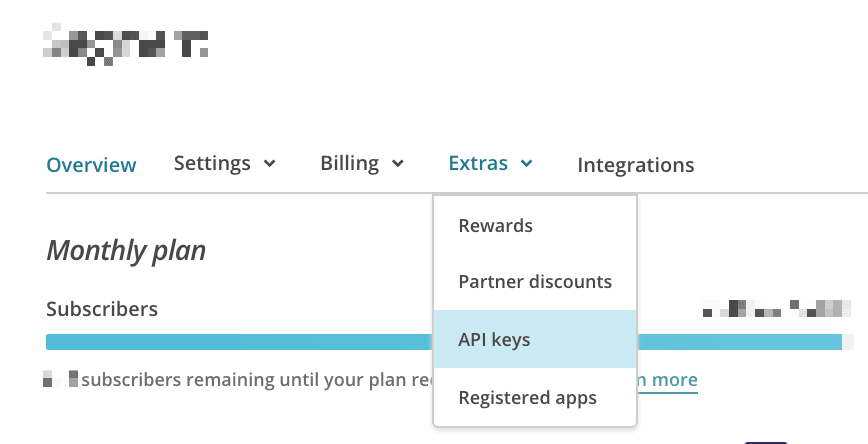 Mailchimp Extras menu open with API keys option highlighted.