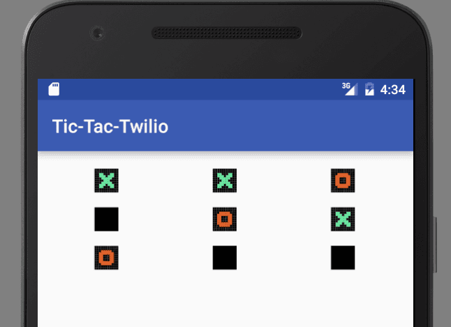 Tic-Tac-Twilio game board with X and O symbols on a mobile screen.