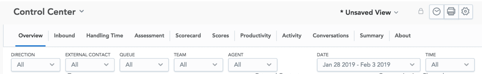 Control Center dashboard with filters for direction, contact, queue, team, agent, date, and time.