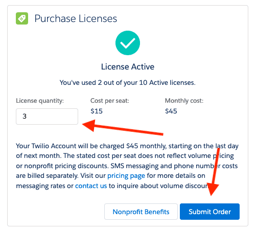 Purchase licenses form with license quantity input and Submit Order button highlighted.