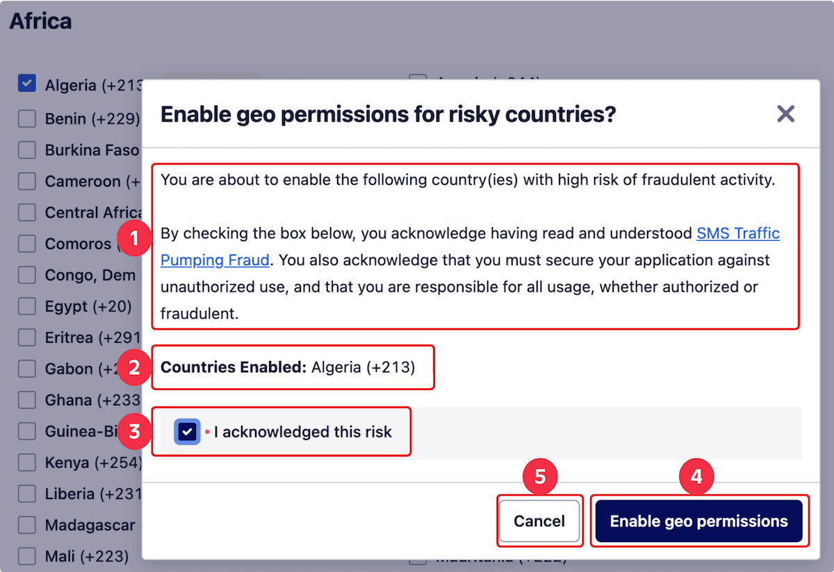 Dialog for enabling geo permissions with risk acknowledgment for Algeria.