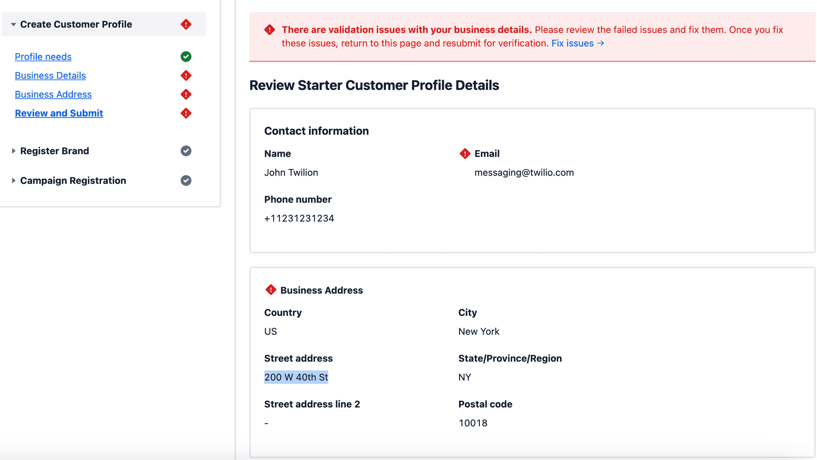 Validation issues with business details in customer profile for John Twilion.