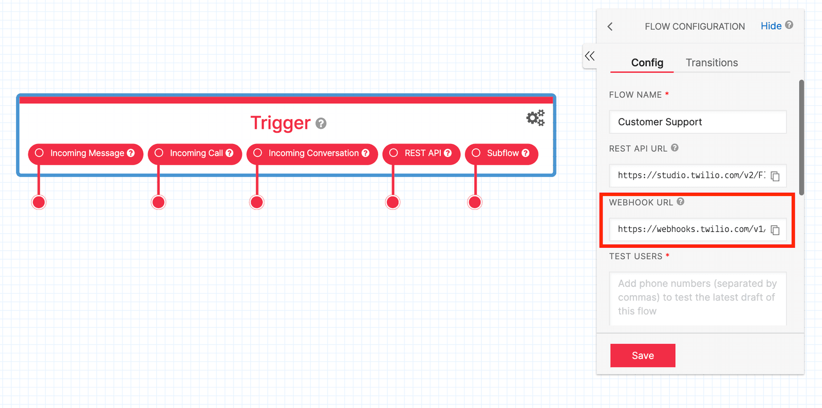 Twilio Studio Tutorial WhatsApp Customer Support Trigger widget with webhook shown in configuration panel to the right.