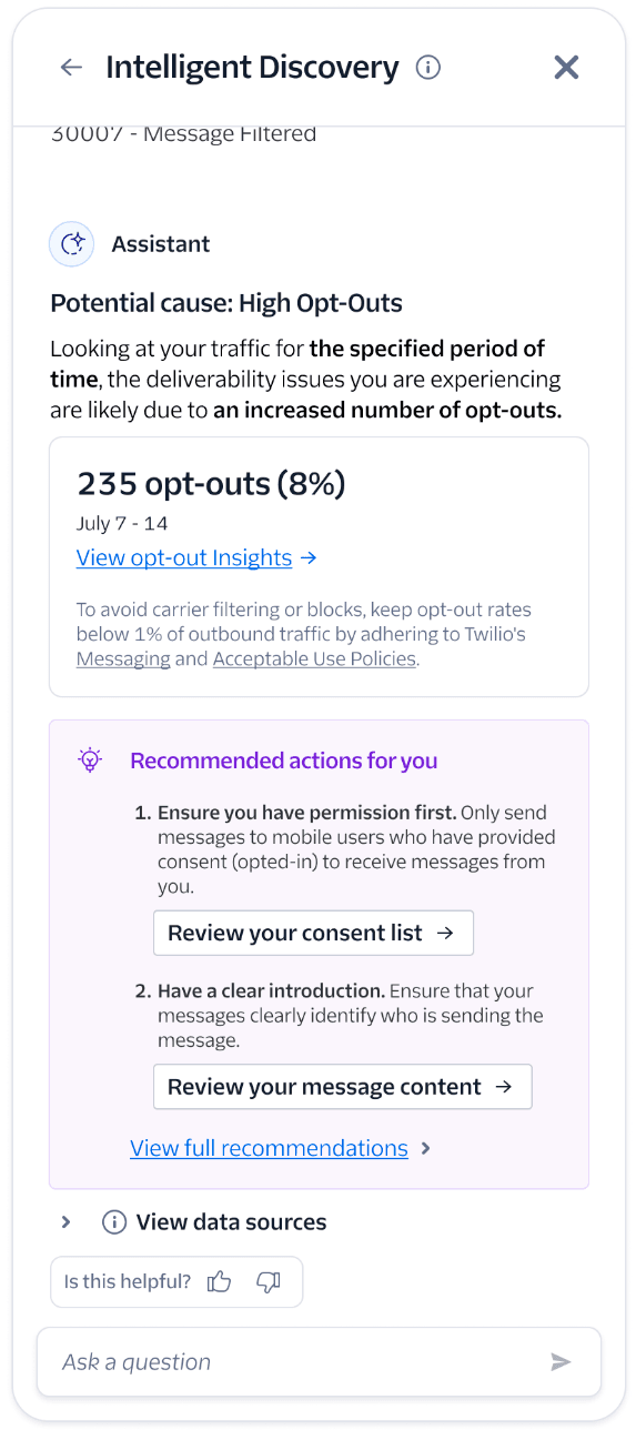 Chat where user asks about error code 30007; assistant says it's due to opt-outs and gives tips on resolving the error.