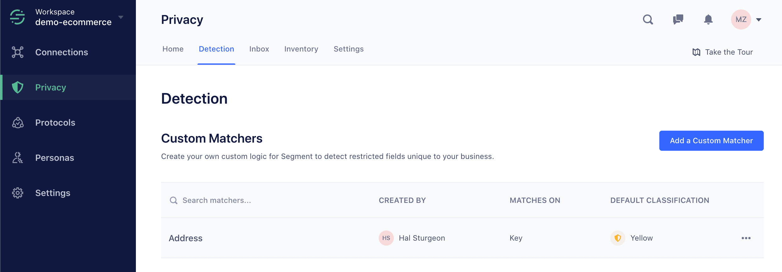 Privacy Portal Detection tab with custom matchers for restricted fields.