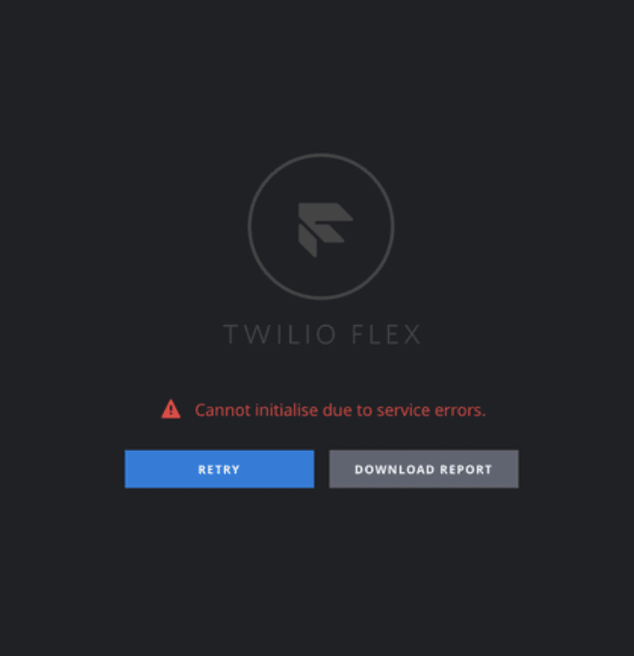 Twilio Flex error: Cannot initialize due to service errors with options to retry or download report.