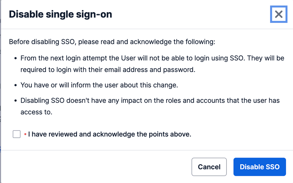 Prompt to acknowledge changes before deactivating single sign-on with checkbox to confirm.