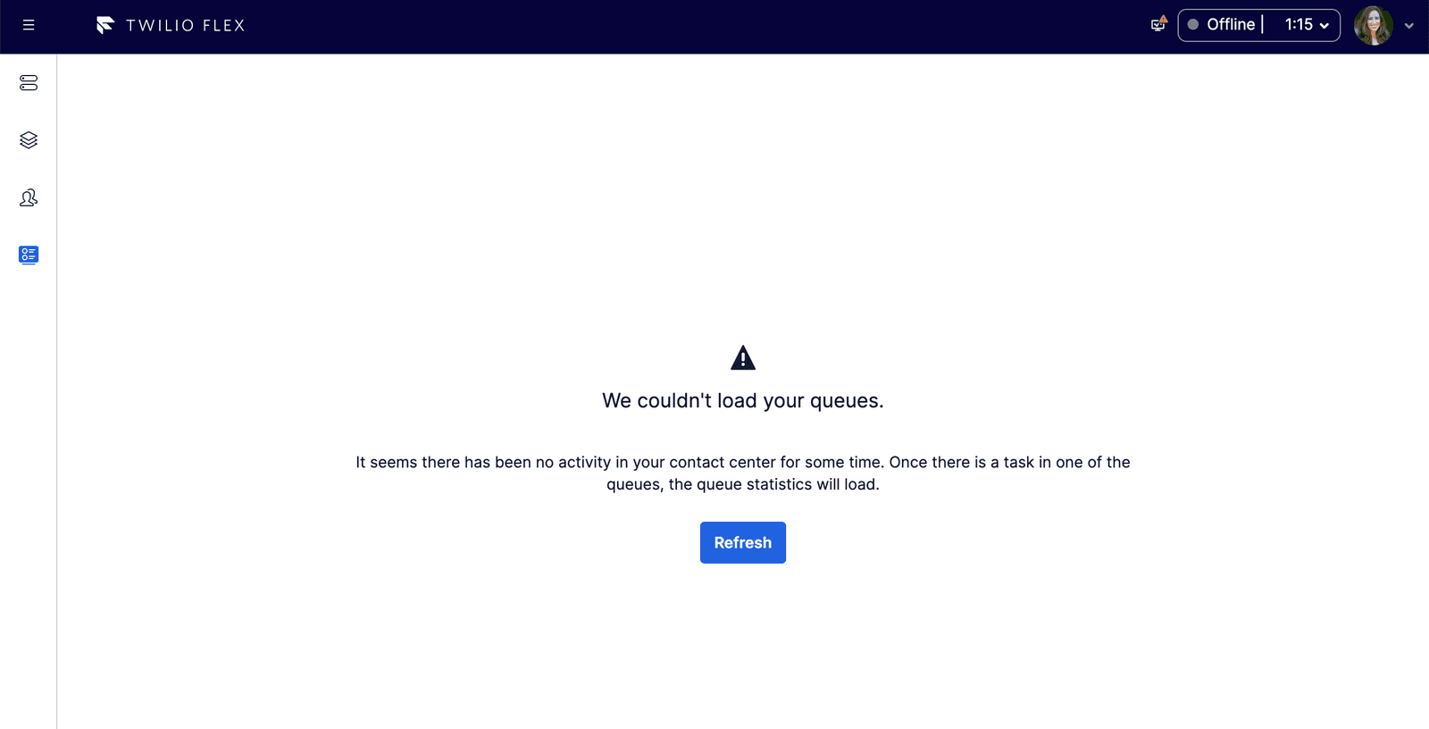 Twilio Flex queue view with 1 waiting task and longest wait of 22 seconds.