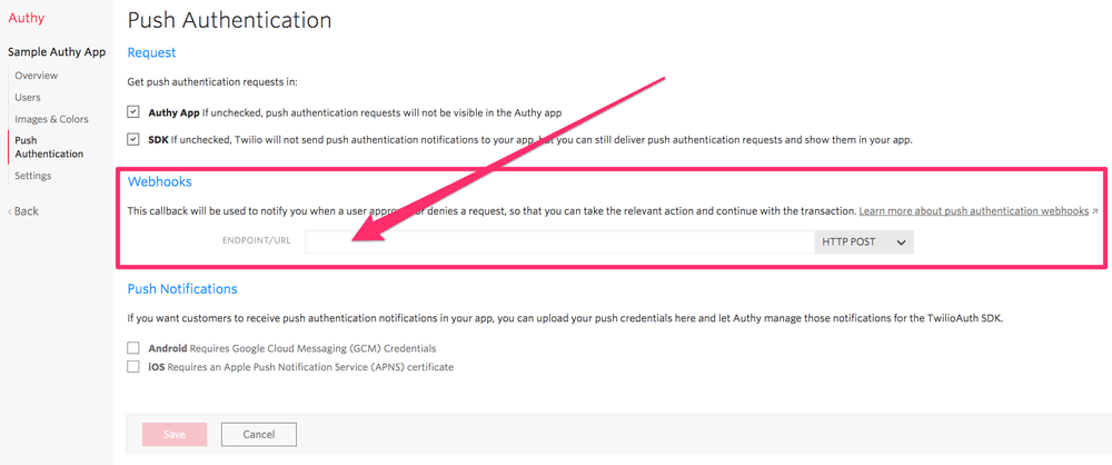Authy push authentication settings with webhook URL input and HTTP POST option highlighted.