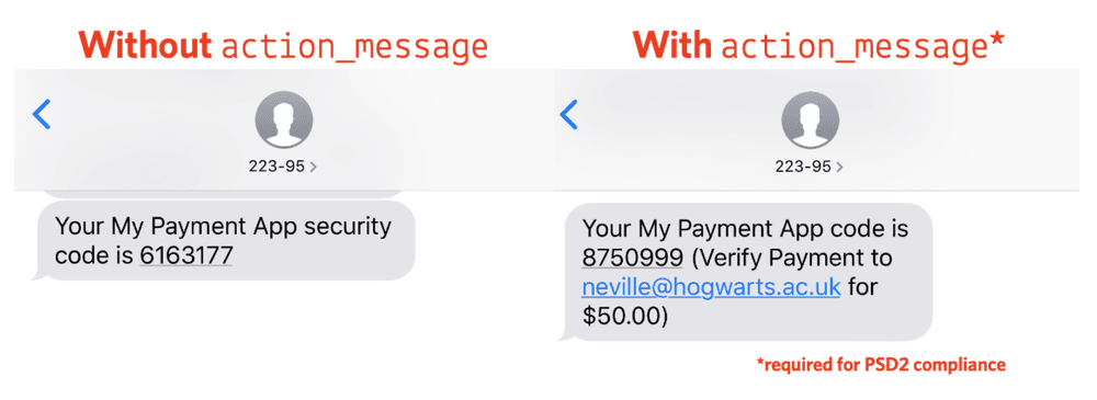 Comparison of SMS messages with and without action_message for PSD2 compliance, showing security code details.