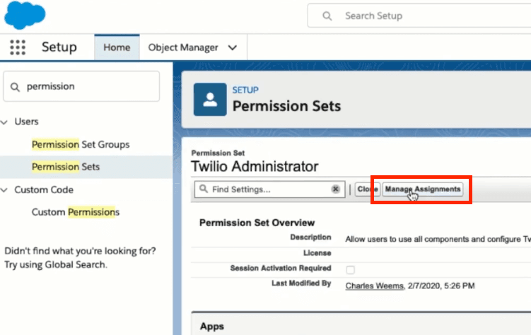 Salesforce setup page showing Twilio Administrator permission set with Manage Assignments highlighted.