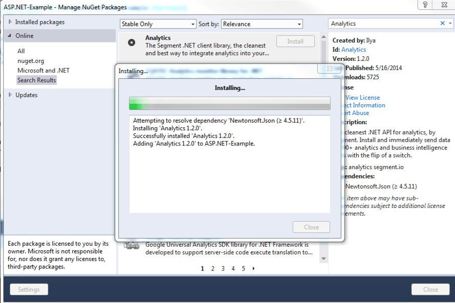NuGet package manager installing Analytics 1.2.0 with Newtonsoft.Json dependency.