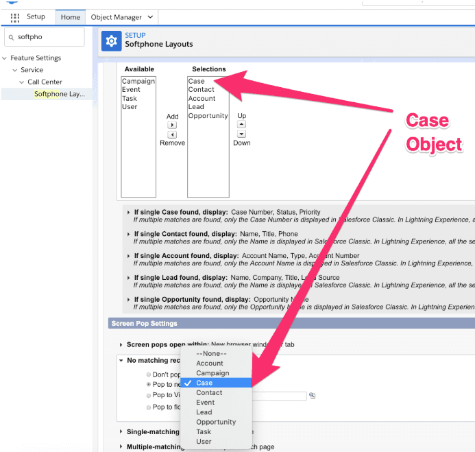 Salesforce softphone layout with Case object moved to top of selections.