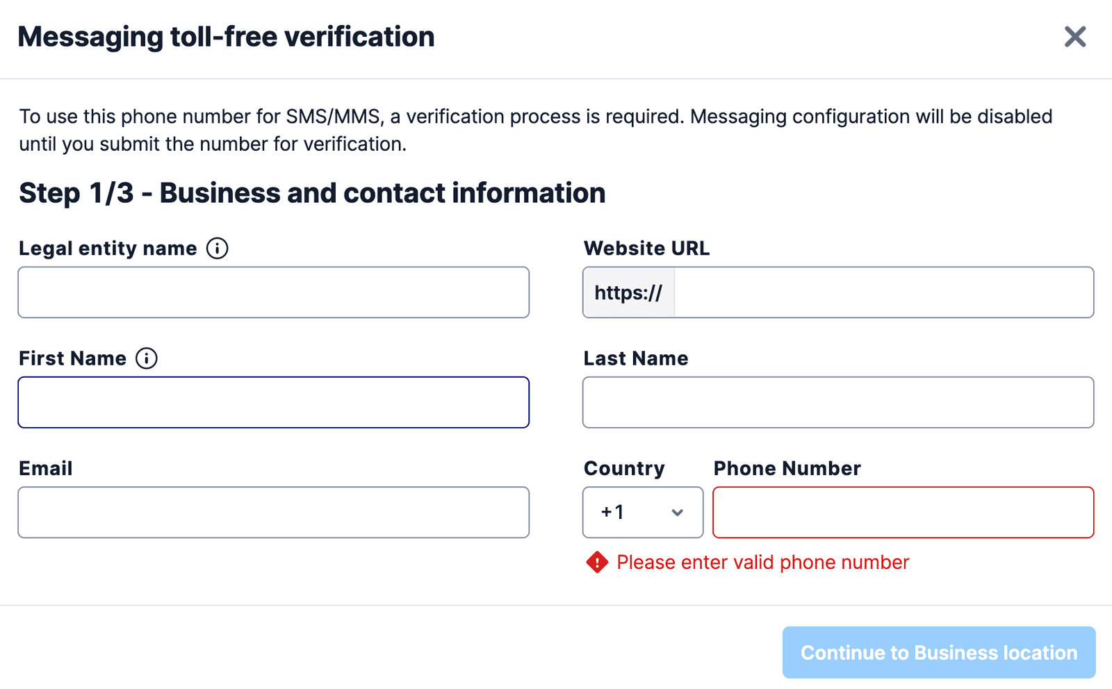 Business and Contact Information page.
