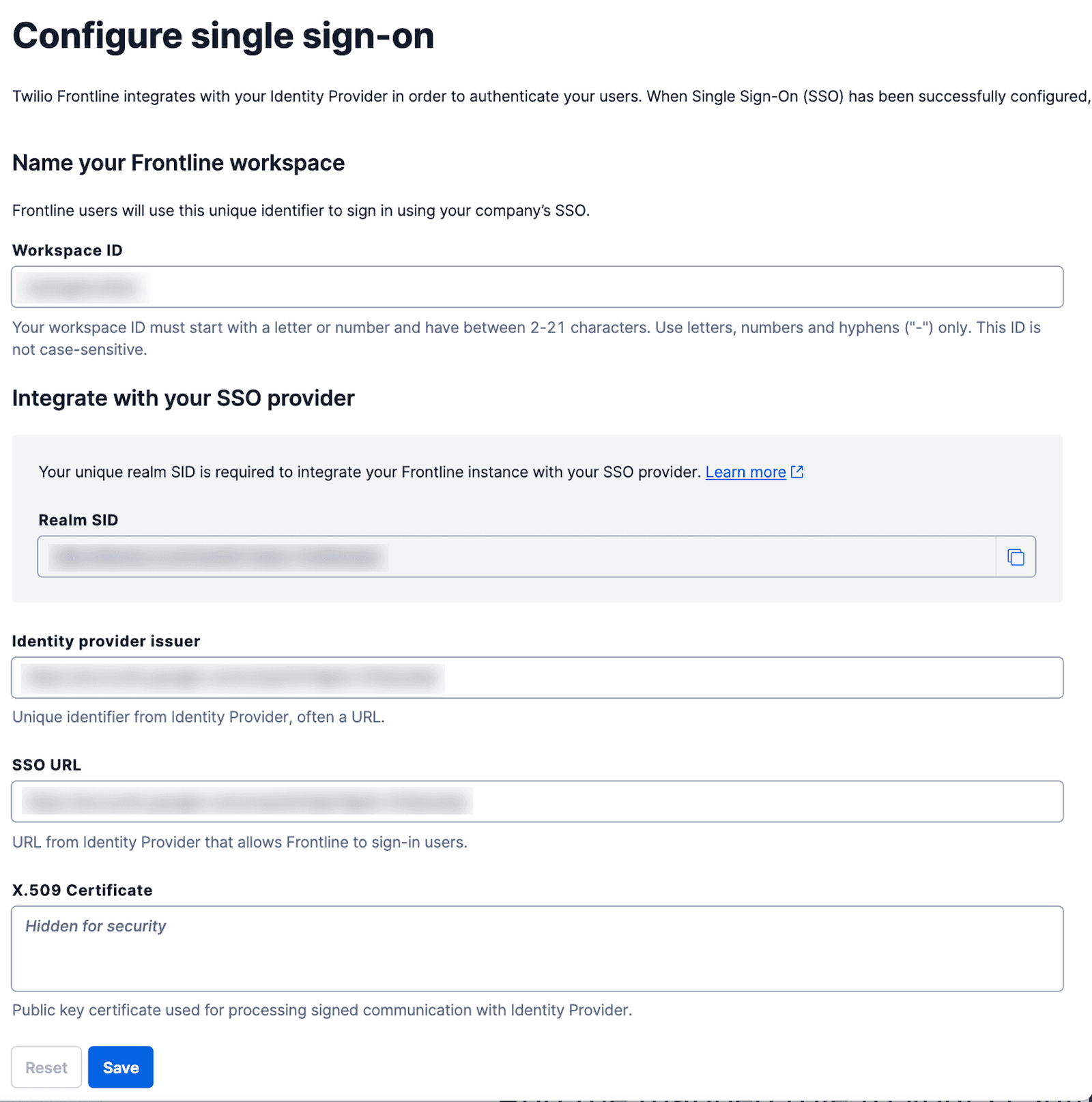 Form for configuring Twilio Frontline with SSO, including fields for Workspace ID, Realm SID, and SSO URL.