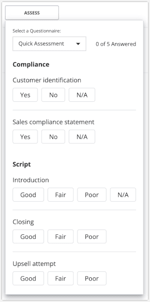 Assessment form with compliance and script evaluation options.