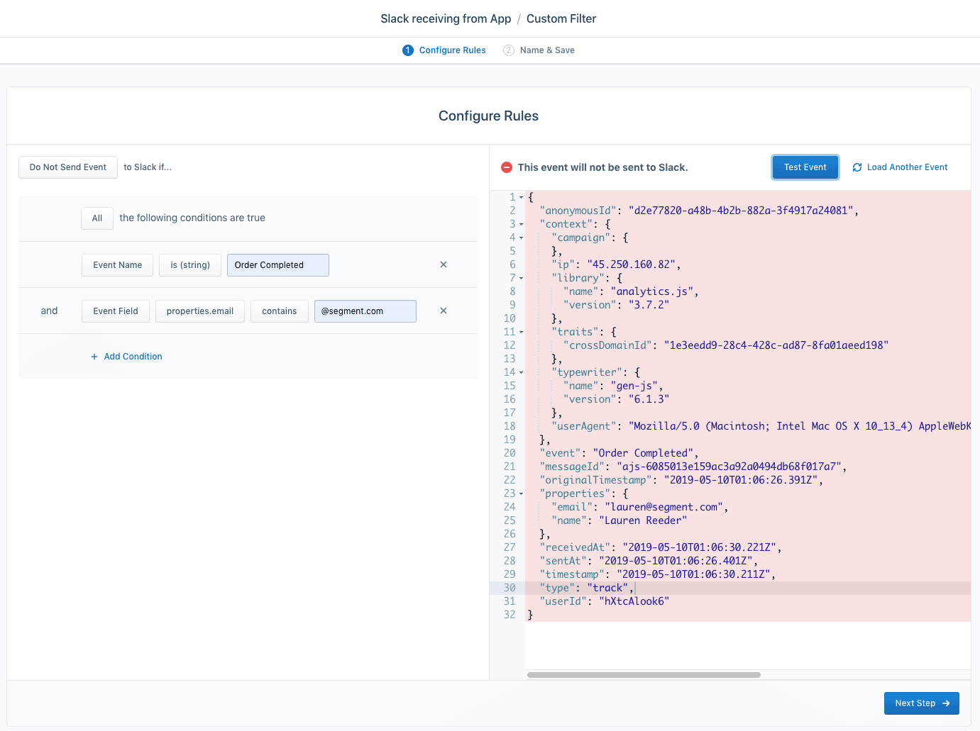 Slack filter configured to block 'Order Completed' events with '@segment.com' email.
