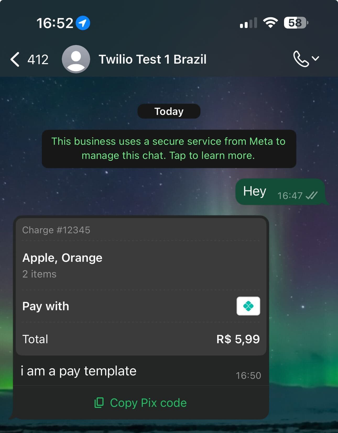 WhatsApp chat showing payment template with items Apple, Orange totaling R$5,99 and order status processing.