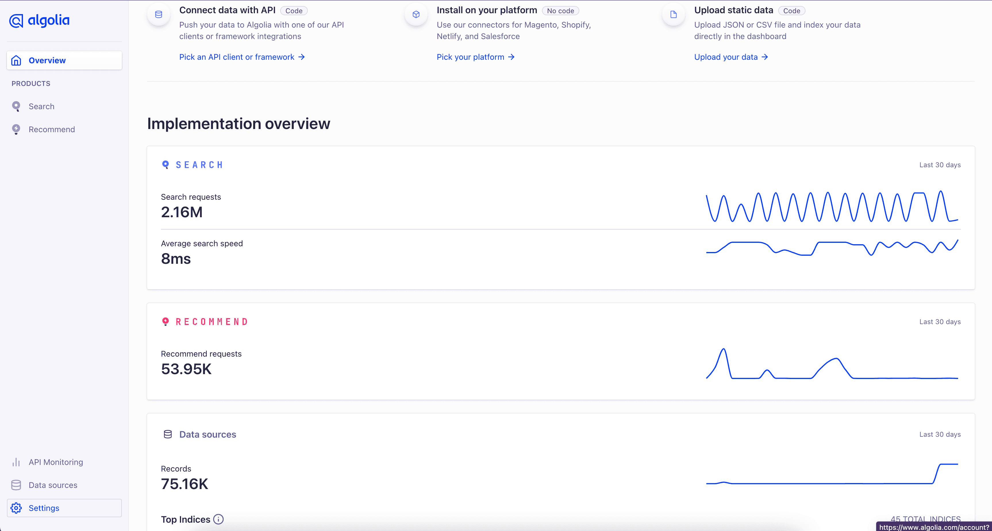 Algolia dashboard showing search requests, speed, recommend requests, and data sources.
