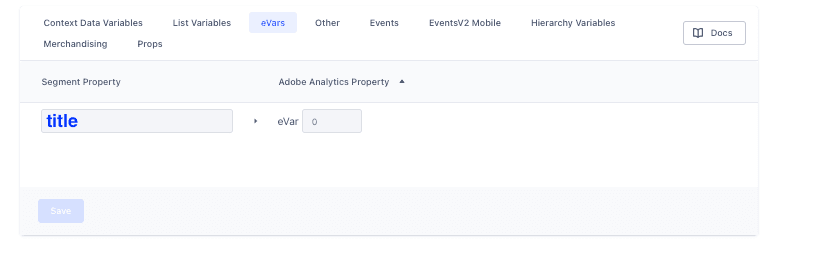 Adobe Analytics settings in Segment mapping Segment Property 'title' to 'eVar 0' under the eVars tab.