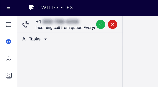 Twilio Flex agent view with active SMS task and CRM configuration prompt.