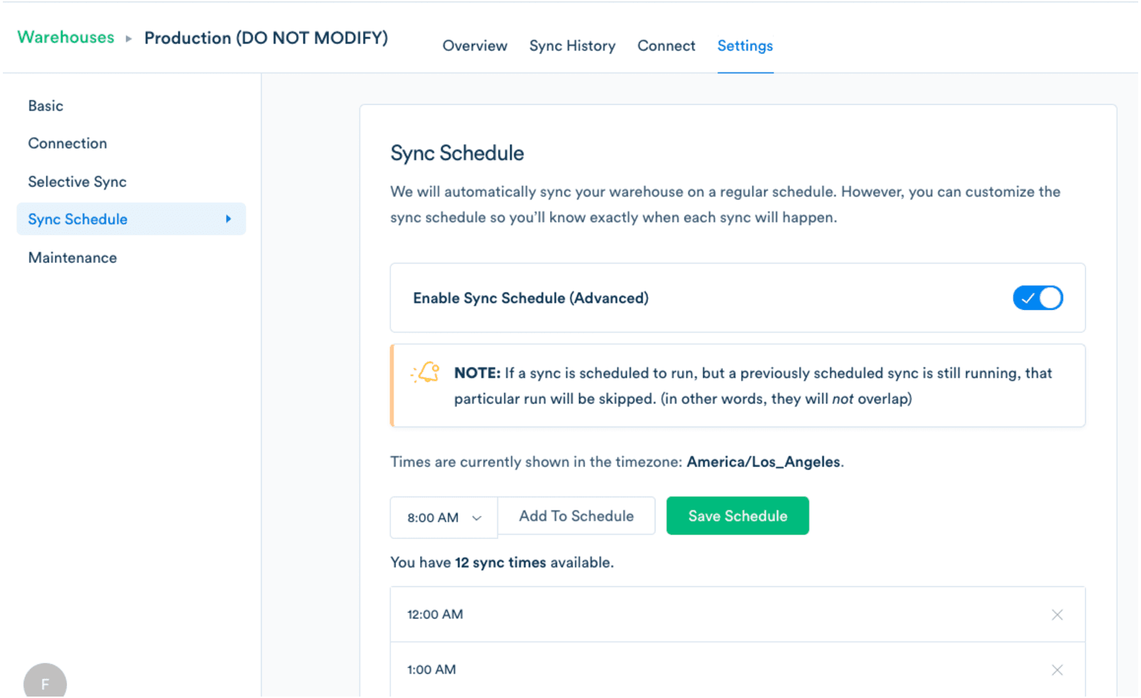 The Warehouse Settings page, with the Sync Schedule tab selected.