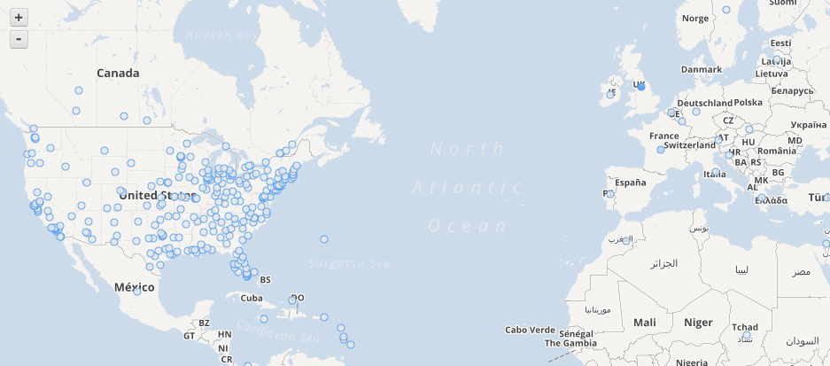 Map showing data points across North America and Europe.