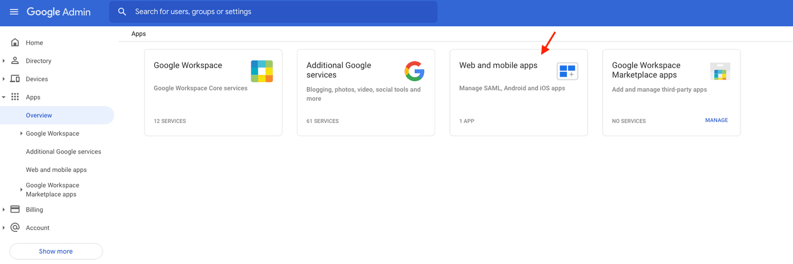 Google Admin dashboard highlighting Web and mobile apps for managing SAML, Android, and iOS apps.