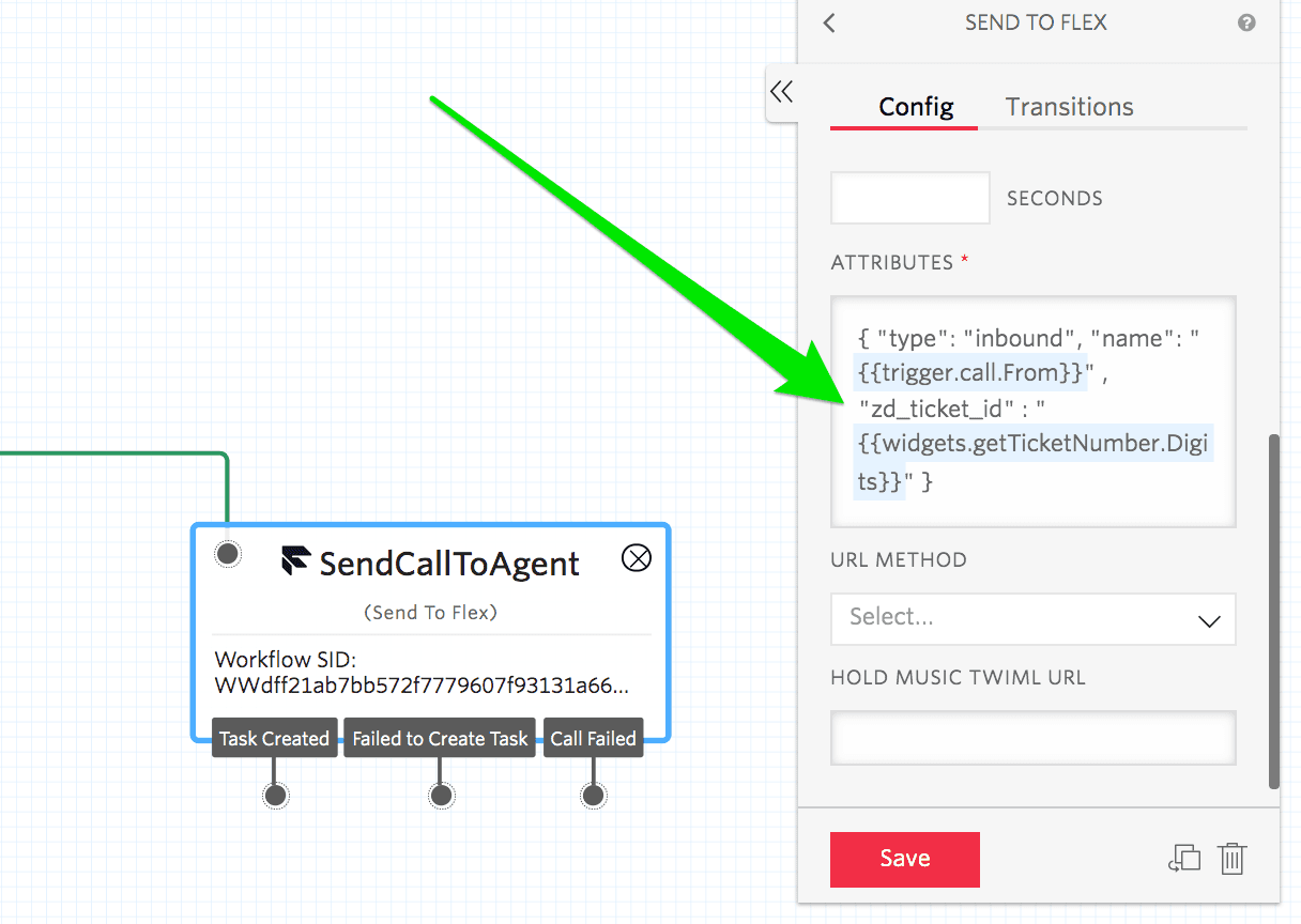 Configuration panel showing attributes for sending call to agent with Zendesk ticket number.