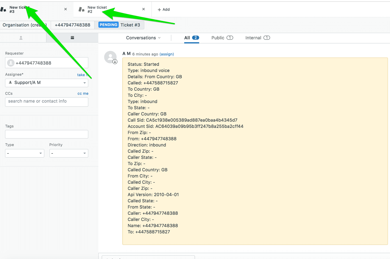Zendesk ticket showing inbound call details with FlexDeskBeta integration.
