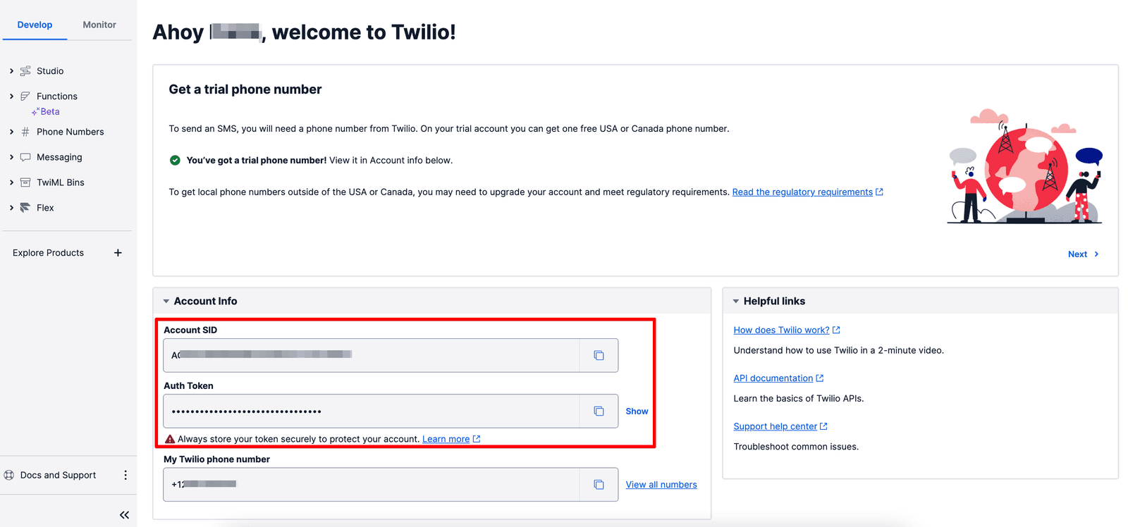 Twilio account info with Account SID, Auth Token, and phone number.