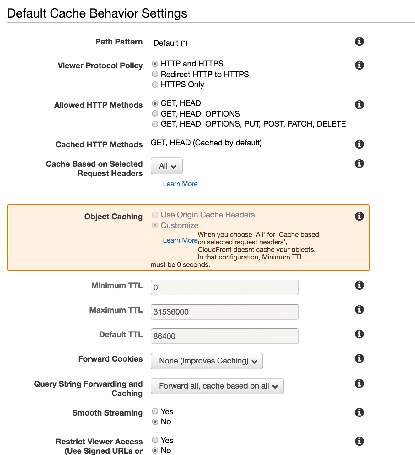 CloudFront default cache behavior settings with options for HTTP methods, TTL, and object caching.