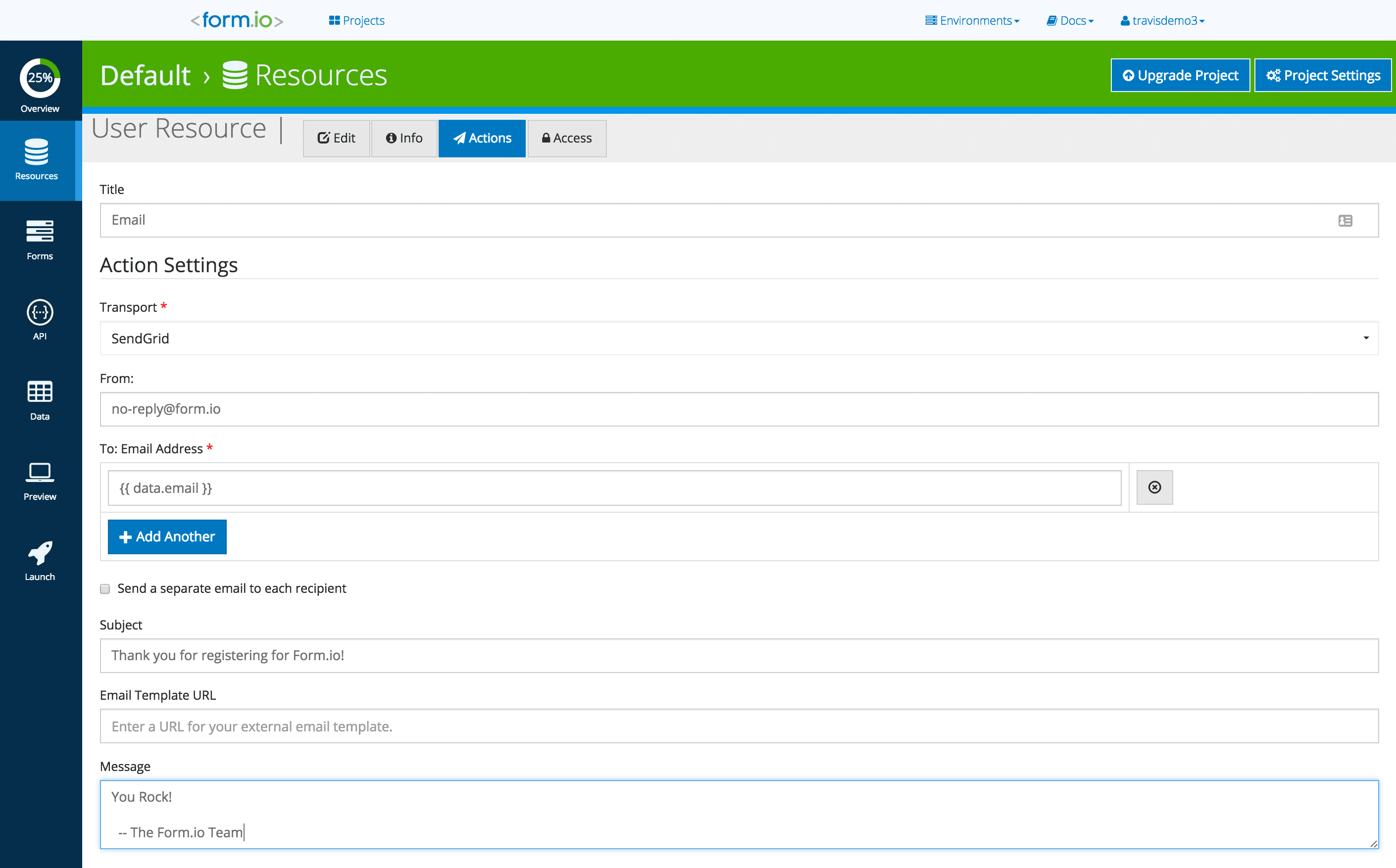 Form.io email action settings with SendGrid transport and custom message.
