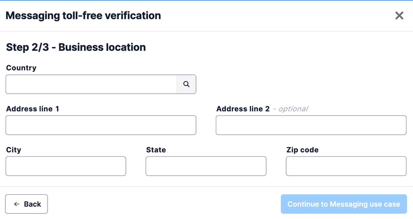 Form for entering business location details in messaging toll-free verification, including country and address fields.
