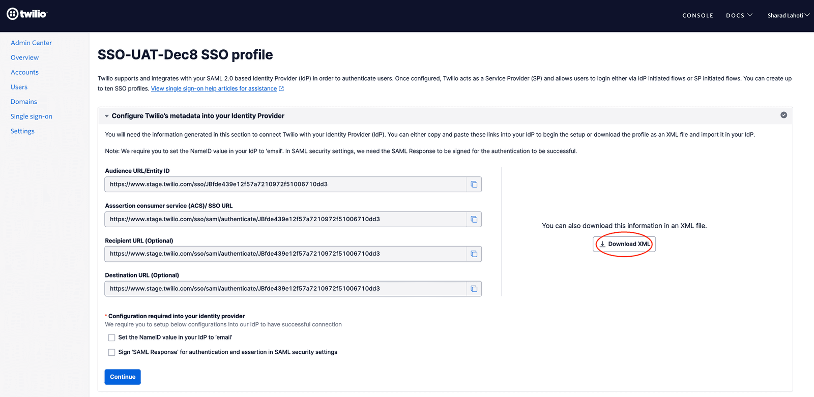 SSO profile with Twilio metadata URLs and XML download option.