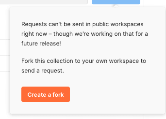 Postman dialog: 'Requests can't be sent in public workspaces. Fork to send a request.' with 'Create a fork' button.