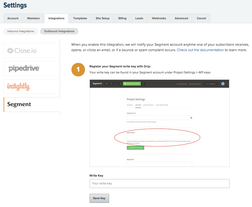 The Integrations page in Drip, with the Segment tab selected, showing write key registration.