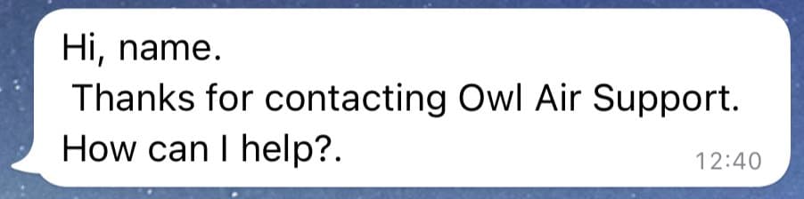 Text message saying 'Hi, name. Thanks for contacting Owl Air Support. How can I help?'.