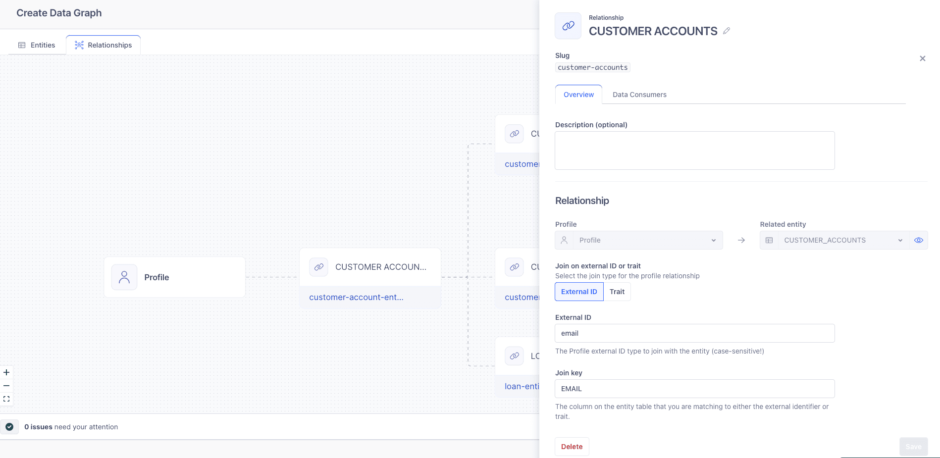 The Customer Accounts Relationship side screen when adding a relationship in the Data Graph.