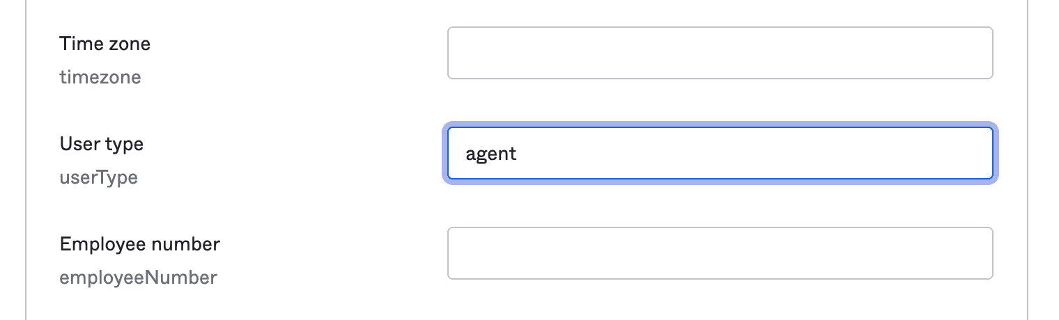 Form fields for timezone, user type set as agent, and employee number.