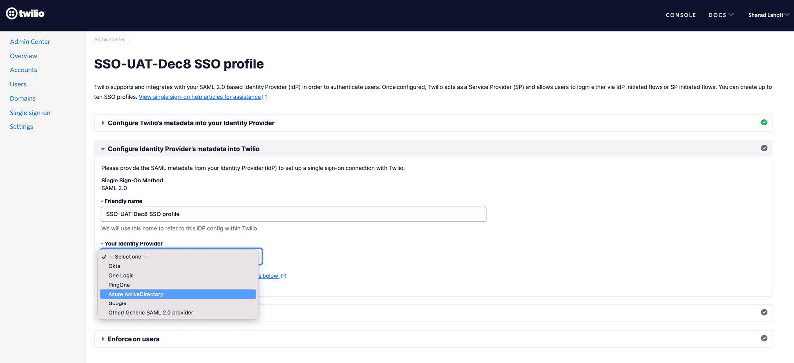 SSO profile configuration with SAML 2.0 method and Azure ActiveDirectory selected as Identity Provider.